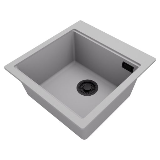 HD Infinity Grey 48 egymedencés gránit mosogatótálca, alpesi szürke színben, matt fekete leeresztő szifonnal