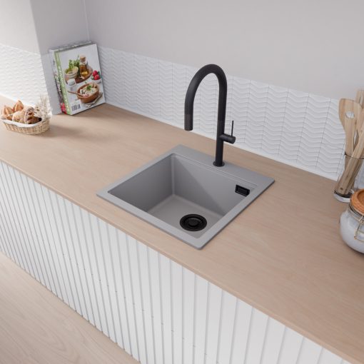 HD Infinity Grey 48 egymedencés gránit mosogatótálca, alpesi szürke színben, matt fekete leeresztő szifonnal