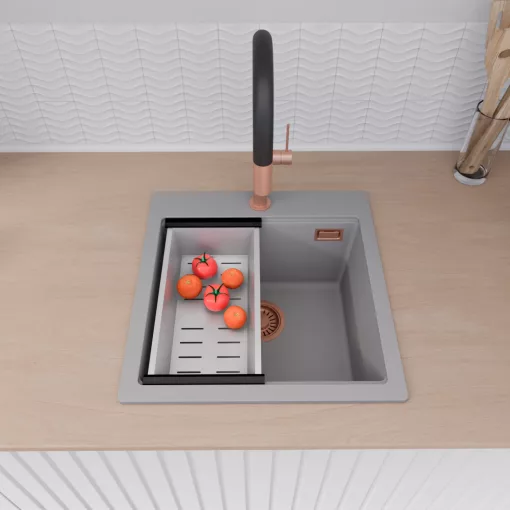 HD Infinity Grey 48 egymedencés gránit mosogatótálca szett, matt fekete csepegtetőráccsal és krómozott kosárral, alpesi szürke színben, szálcsiszolt réz leeresztő szifonnal