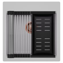 HD Infinity Grey 48 egymedencés gránit mosogatótálca szett, acél csepegtetőráccsal és matt fekete kosárral, alpesi szürke színben, szálcsiszolt réz leeresztő szifonnal