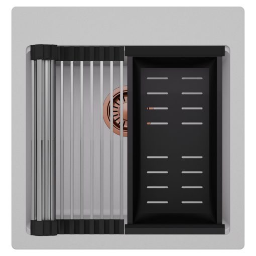 HD Infinity Grey 48 egymedencés gránit mosogatótálca szett, acél csepegtetőráccsal és matt fekete kosárral, alpesi szürke színben, szálcsiszolt réz leeresztő szifonnal