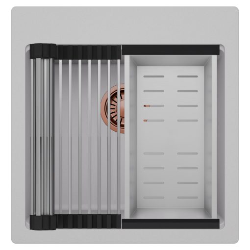 HD Infinity Grey 48 egymedencés gránit mosogatótálca szett, acél csepegtetőráccsal és kosárral, alpesi szürke színben, szálcsiszolt réz leeresztő szifonnal