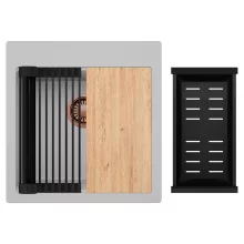 HD Infinity Grey 48 egymedencés gránit mosogatótálca szett, vágódeszkával, matt fekete csepegtetőráccsal és kosárral, alpesi szürke színben, szálcsiszolt réz leeresztő szifonnal