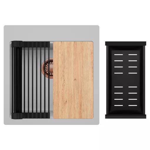 HD Infinity Grey 48 egymedencés gránit mosogatótálca szett, vágódeszkával, matt fekete csepegtetőráccsal és kosárral, alpesi szürke színben, szálcsiszolt réz leeresztő szifonnal