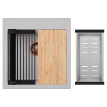 HD Infinity Grey 48 egymedencés gránit mosogatótálca szett, vágódeszkával, matt fekete csepegtetőráccsal és krómozott kosárral, alpesi szürke színben, szálcsiszolt réz leeresztő szifonnal