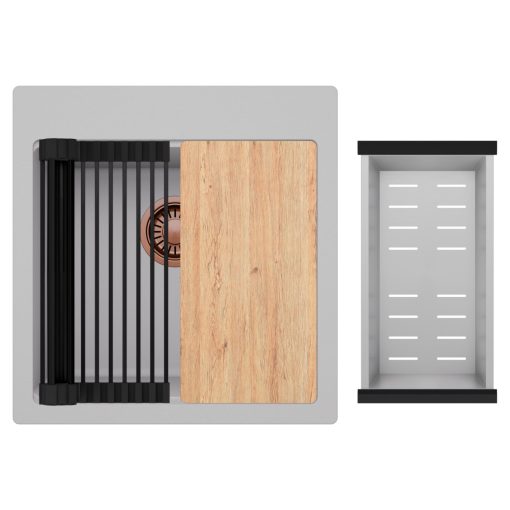 HD Infinity Grey 48 egymedencés gránit mosogatótálca szett, vágódeszkával, matt fekete csepegtetőráccsal és krómozott kosárral, alpesi szürke színben, szálcsiszolt réz leeresztő szifonnal