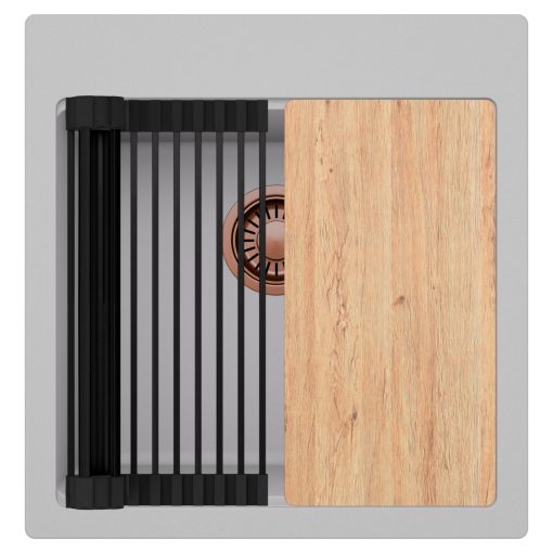 HD Infinity Grey 48 egymedencés gránit mosogatótálca szett, vágódeszkával, matt fekete csepegtetőráccsal, alpesi szürke színben, szálcsiszolt réz leeresztő szifonnal