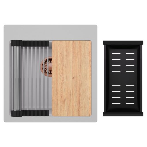 HD Infinity Grey 48 egymedencés gránit mosogatótálca szett, vágódeszkával, acél csepegtetőráccsal és matt fekete kosárral, alpesi szürke színben, szálcsiszolt réz leeresztő szifonnal