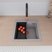 HD Infinity Grey 48 egymedencés gránit mosogatótálca szett, vágódeszkával, acél csepegtetőráccsal és matt fekete kosárral, alpesi szürke színben, szálcsiszolt réz leeresztő szifonnal