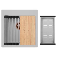 HD Infinity Grey 48 egymedencés gránit mosogatótálca szett, vágódeszkával, acél csepegtetőráccsal és kosárral, alpesi szürke színben, szálcsiszolt réz leeresztő szifonnal