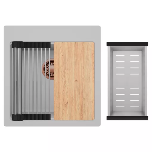 HD Infinity Grey 48 egymedencés gránit mosogatótálca szett, vágódeszkával, acél csepegtetőráccsal és kosárral, alpesi szürke színben, szálcsiszolt réz leeresztő szifonnal