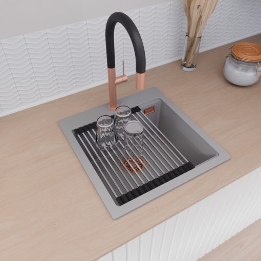 HD Infinity Grey 48 egymedencés gránit mosogatótálca szett, vágódeszkával, acél csepegtetőráccsal, alpesi szürke színben, szálcsiszolt réz leeresztő szifonnal