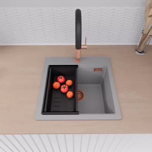 HD Infinity Grey 48 egymedencés gránit mosogatótálca szett, vágódeszkával, matt fekete csepegtetőkosárral, alpesi szürke színben, szálcsiszolt réz leeresztő szifonnal