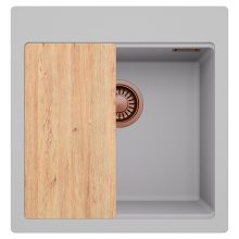 HD Infinity Grey 48 egymedencés gránit mosogatótálca, vágódeszkával, alpesi szürke színben, szálcsiszolt réz leeresztő szifonnal