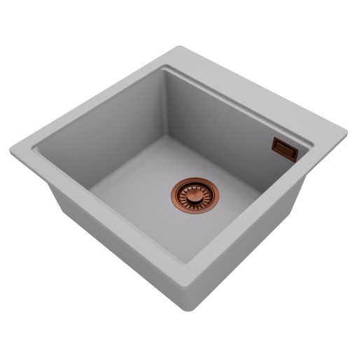 HD Infinity Grey 48 egymedencés gránit mosogatótálca, vágódeszkával, alpesi szürke színben, szálcsiszolt réz leeresztő szifonnal