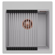 HD Infinity Grey 48 egymedencés gránit mosogatótálca szett, acél csepegtetőráccsal, alpesi szürke színben, szálcsiszolt réz leeresztő szifonnal