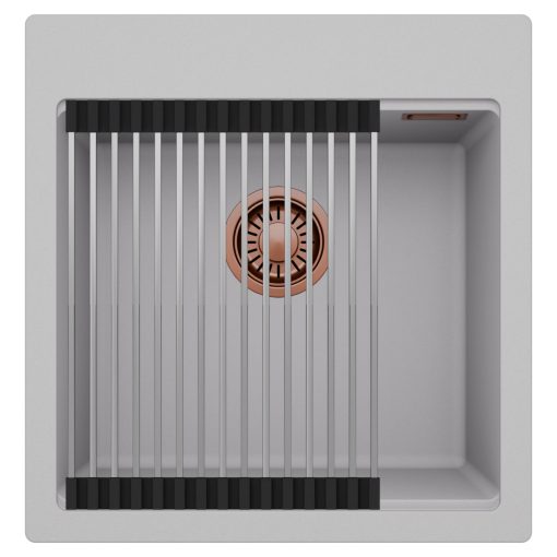 HD Infinity Grey 48 egymedencés gránit mosogatótálca szett, acél csepegtetőráccsal, alpesi szürke színben, szálcsiszolt réz leeresztő szifonnal