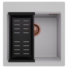 HD Infinity Grey 48 egymedencés gránit mosogatótálca szett, matt fekete csepegtetőkosárral, alpesi szürke színben, szálcsiszolt réz leeresztő szifonnal