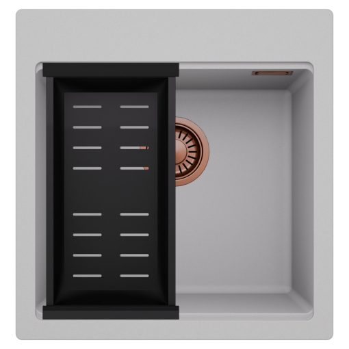 HD Infinity Grey 48 egymedencés gránit mosogatótálca szett, matt fekete csepegtetőkosárral, alpesi szürke színben, szálcsiszolt réz leeresztő szifonnal