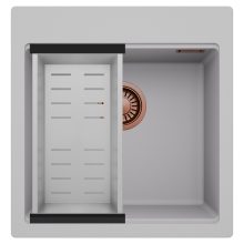 HD Infinity Grey 48 egymedencés gránit mosogatótálca szett, acél csepegtetőkosárral, alpesi szürke színben, szálcsiszolt réz leeresztő szifonnal