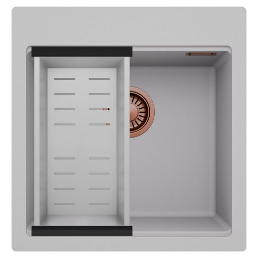 HD Infinity Grey 48 egymedencés gránit mosogatótálca szett, acél csepegtetőkosárral, alpesi szürke színben, szálcsiszolt réz leeresztő szifonnal