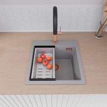 HD Infinity Grey 48 egymedencés gránit mosogatótálca szett, acél csepegtetőkosárral, alpesi szürke színben, szálcsiszolt réz leeresztő szifonnal