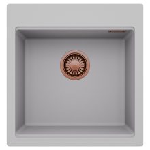 HD Infinity Grey 48 egymedencés gránit mosogatótálca, alpesi szürke színben, szálcsiszolt réz leeresztő szifonnal