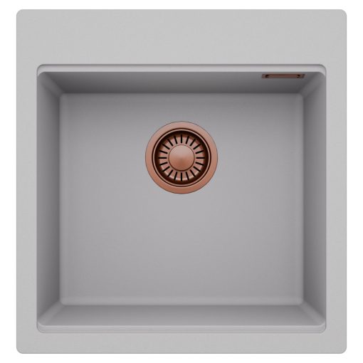 HD Infinity Grey 48 egymedencés gránit mosogatótálca, alpesi szürke színben, szálcsiszolt réz leeresztő szifonnal