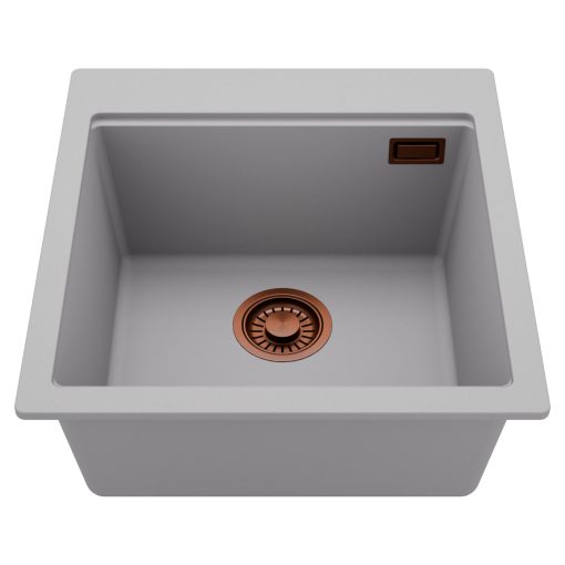 HD Infinity Grey 48 egymedencés gránit mosogatótálca, alpesi szürke színben, szálcsiszolt réz leeresztő szifonnal