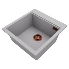 HD Infinity Grey 48 egymedencés gránit mosogatótálca, alpesi szürke színben, szálcsiszolt réz leeresztő szifonnal