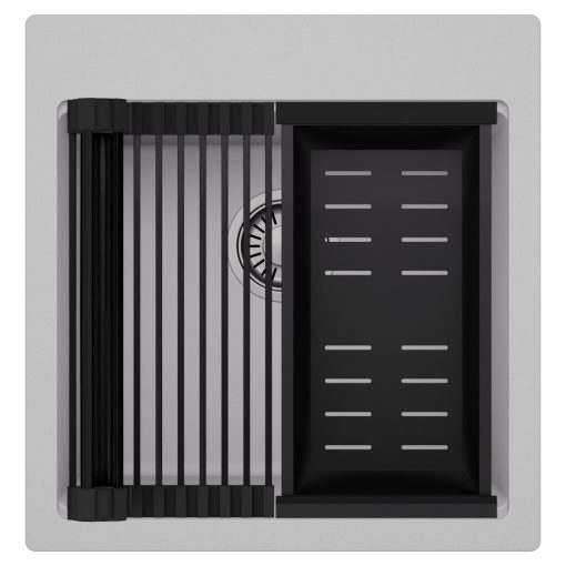 HD Infinity Grey 48 egymedencés gránit mosogatótálca szett, matt fekete csepegtetőráccsal és kosárral, alpesi szürke színben