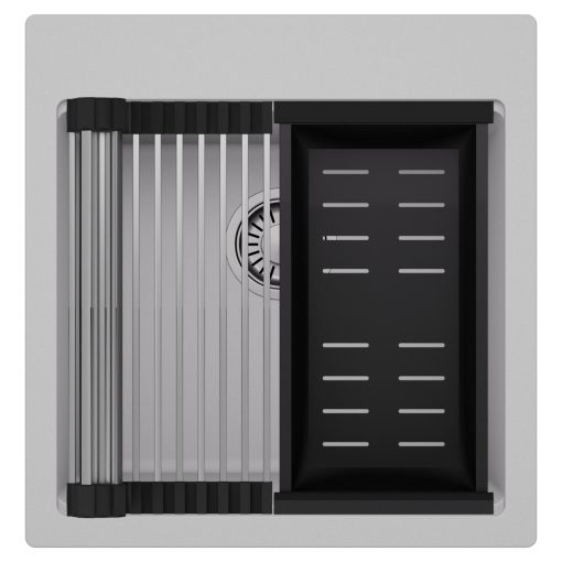 HD Infinity Grey 48 egymedencés gránit mosogatótálca szett, acél csepegtetőráccsal és matt fekete kosárral, alpesi szürke színben