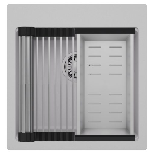 HD Infinity Grey 48 egymedencés gránit mosogatótálca szett, acél csepegtetőráccsal és kosárral, alpesi szürke színben