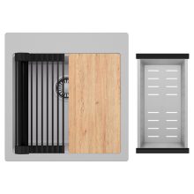 HD Infinity Grey 48 egymedencés gránit mosogatótálca szett, vágódeszkával, matt fekete csepegtetőráccsal és krómozott kosárral, alpesi szürke színben