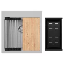 HD Infinity Grey 48 egymedencés gránit mosogatótálca szett, vágódeszkával, acél csepegtetőráccsal és matt fekete kosárral, alpesi szürke színben