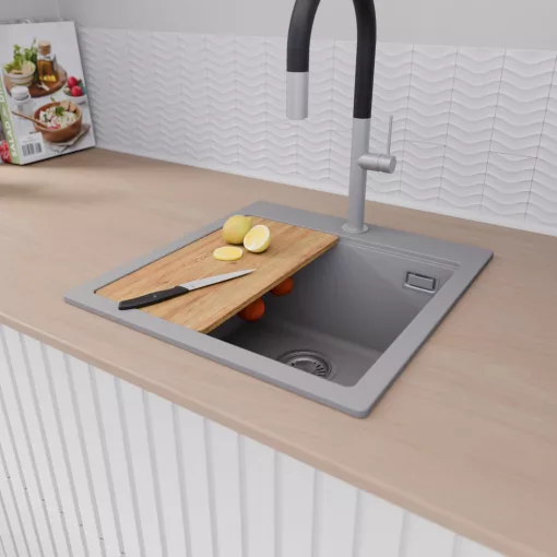 HD Infinity Grey 48 egymedencés gránit mosogatótálca szett, vágódeszkával, acél csepegtetőráccsal és kosárral, alpesi szürke színben