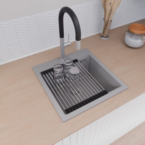 HD Infinity Grey 48 egymedencés gránit mosogatótálca szett, vágódeszkával, acél csepegtetőráccsal, alpesi szürke színben