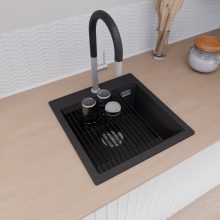 HD Infinity Black 48 egymedencés gránit mosogatótálca szett, matt fekete csepegtetőráccsal és kosárral, matt fekete színben, szálcsiszolt króm leeresztő szifonnal