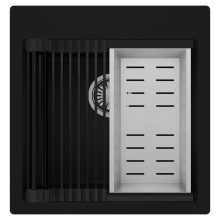 HD Infinity Black 48 egymedencés gránit mosogatótálca szett, matt fekete csepegtetőráccsal és krómozott kosárral, matt fekete színben, szálcsiszolt króm leeresztő szifonnal