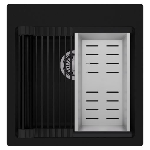 HD Infinity Black 48 egymedencés gránit mosogatótálca szett, matt fekete csepegtetőráccsal és krómozott kosárral, matt fekete színben, szálcsiszolt króm leeresztő szifonnal