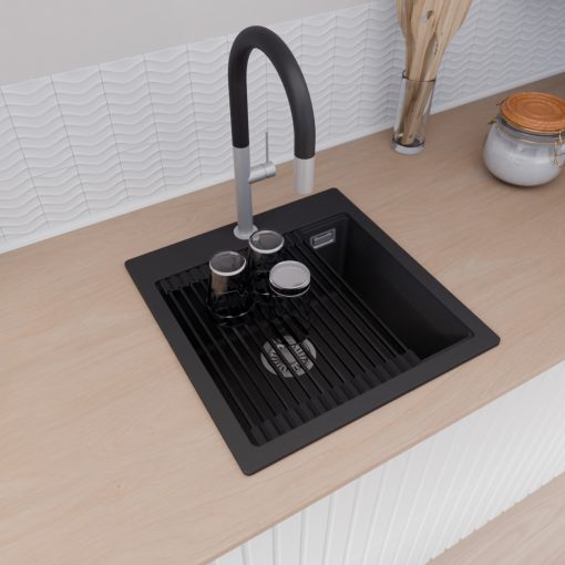 HD Infinity Black 48 egymedencés gránit mosogatótálca szett, matt fekete csepegtetőráccsal, matt fekete színben, szálcsiszolt króm leeresztő szifonnal