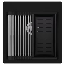 HD Infinity Black 48 egymedencés gránit mosogatótálca szett, acél csepegtetőráccsal és matt fekete kosárral, matt fekete színben, szálcsiszolt króm leeresztő szifonnal