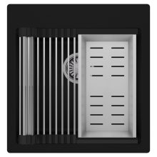 HD Infinity Black 48 egymedencés gránit mosogatótálca szett, acél csepegtetőráccsal és kosárral, matt fekete színben, szálcsiszolt króm leeresztő szifonnal