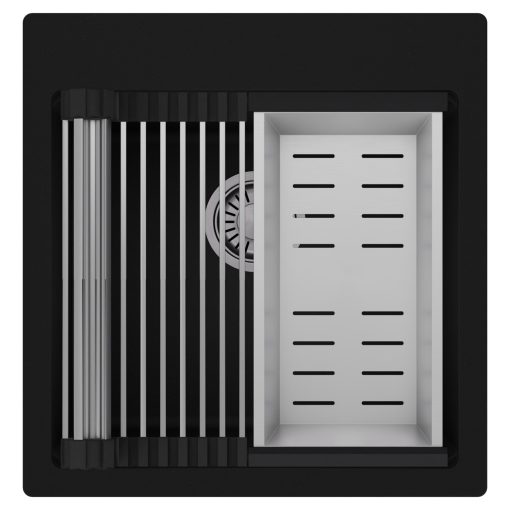 HD Infinity Black 48 egymedencés gránit mosogatótálca szett, acél csepegtetőráccsal és kosárral, matt fekete színben, szálcsiszolt króm leeresztő szifonnal