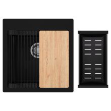 HD Infinity Black 48 egymedencés gránit mosogatótálca szett, vágódeszkával, matt fekete csepegtetőráccsal és kosárral, matt fekete színben, szálcsiszolt króm leeresztő szifonnal