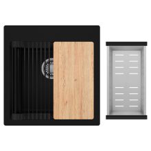 HD Infinity Black 48 egymedencés gránit mosogatótálca szett, vágódeszkával, matt fekete csepegtetőráccsal és krómozott kosárral, matt fekete színben, szálcsiszolt króm leeresztő szifonnal