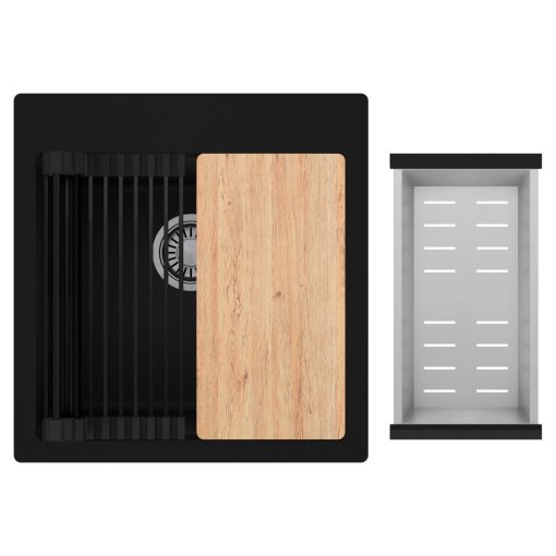 HD Infinity Black 48 egymedencés gránit mosogatótálca szett, vágódeszkával, matt fekete csepegtetőráccsal és krómozott kosárral, matt fekete színben, szálcsiszolt króm leeresztő szifonnal