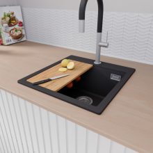 HD Infinity Black 48 egymedencés gránit mosogatótálca szett, vágódeszkával, acél csepegtetőráccsal, matt fekete színben, szálcsiszolt króm leeresztő szifonnal