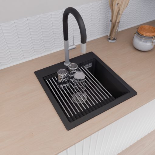 HD Infinity Black 48 egymedencés gránit mosogatótálca szett, vágódeszkával, acél csepegtetőráccsal, matt fekete színben, szálcsiszolt króm leeresztő szifonnal