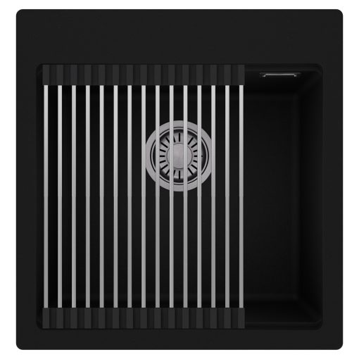 HD Infinity Black 48 egymedencés gránit mosogatótálca szett, acél csepegtetőráccsal, matt fekete színben, szálcsiszolt króm leeresztő szifonnal